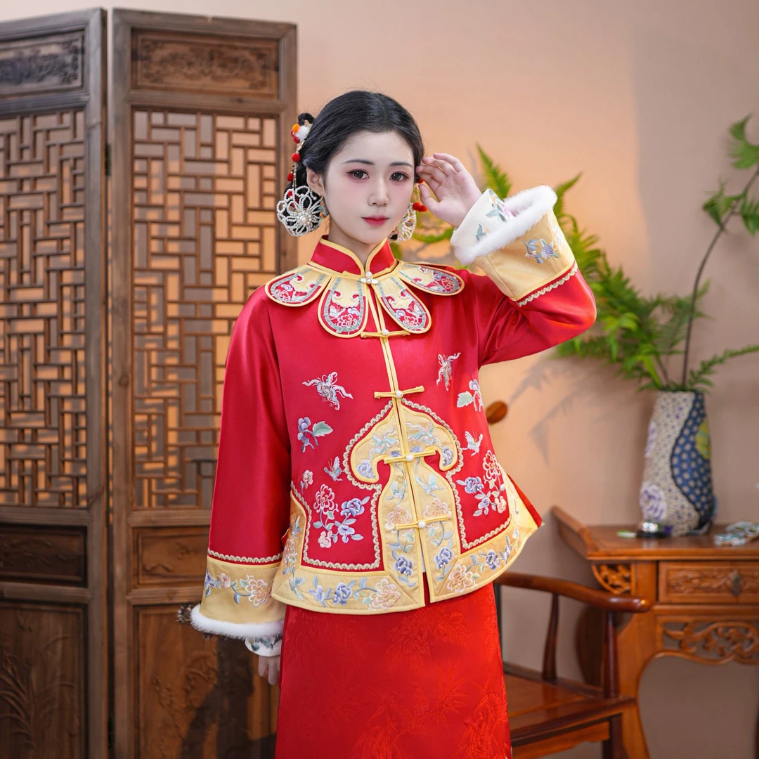 [洛晴] 云肩秋冬新款国风刺绣棉衣冬款新中式水貂毛绣花棉袄立领