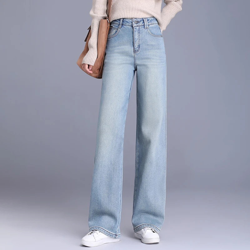 冬季新正品加绒加厚宽松直筒窄版高腰显瘦阔腿牛仔裤