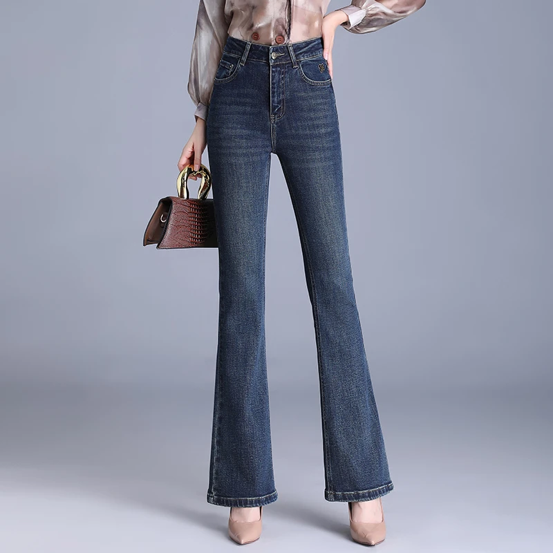 哥弟阿玛施正秋冬新款高腰显瘦弹力修身时尚直筒阔腿微喇叭牛仔裤