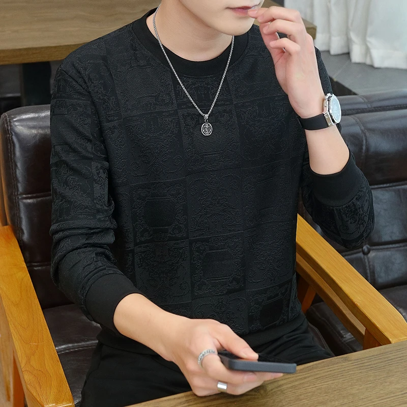 春秋季长袖卫衣男休闲圆领套头青年男士打底衫秋季男上衣T恤潮流t