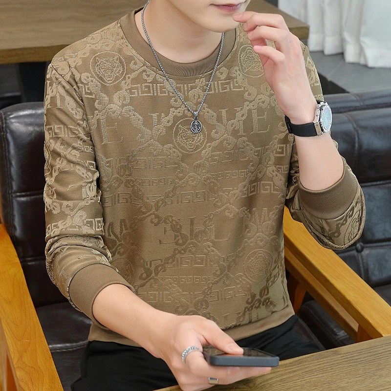 春秋季男士长袖圆领韩版潮长袖T恤男青年秋季男上衣帅气打底衫薄t