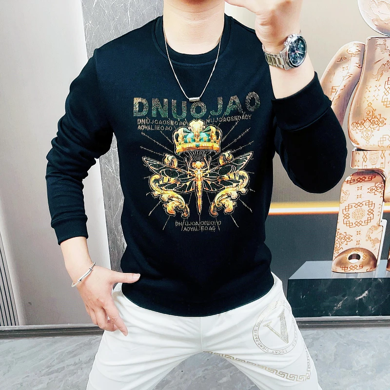 欧货烫钻男士卫衣2023秋季新款潮牌亮片长袖T恤套头百搭打底衫