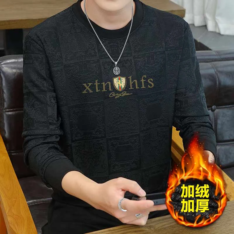 加绒加厚欧货提花潮牌男士卫衣秋冬保暖圆领长袖T恤潮流打底衫男