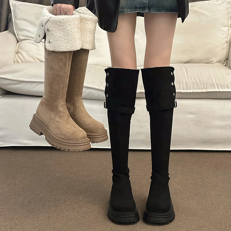 2025新款美拉德冬季复古西部靴女高筒骑士靴两穿翻折加绒过膝靴女