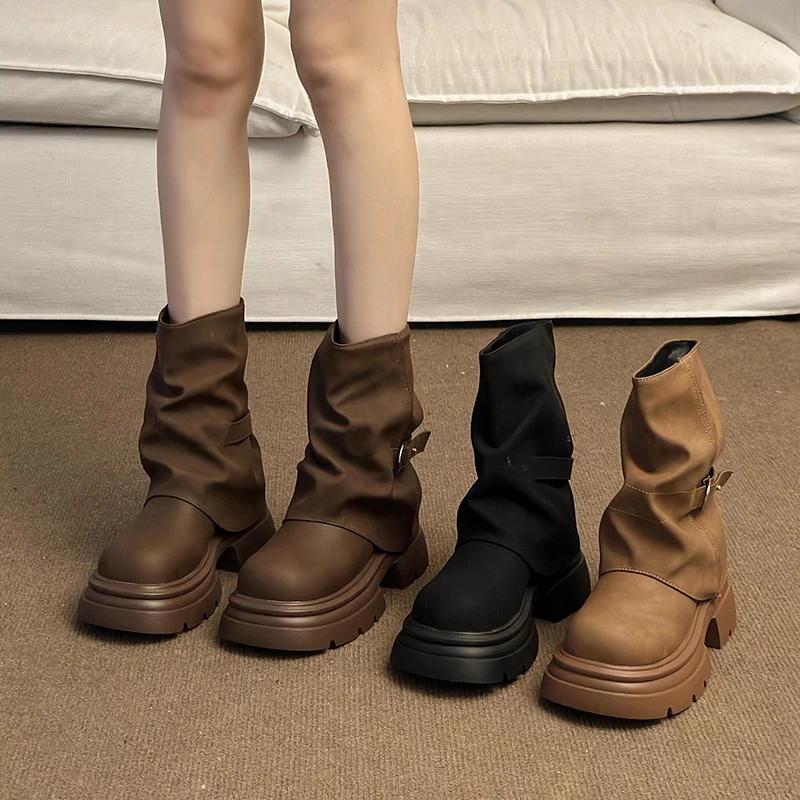 休闲网红设计感裤管马丁靴2025年秋季新款增高显瘦简约百搭短筒靴