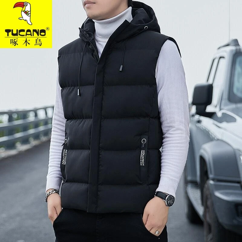 啄木鸟新款棉马甲男士背心连帽加厚潮牌坎肩男款保暖马夹时尚外套