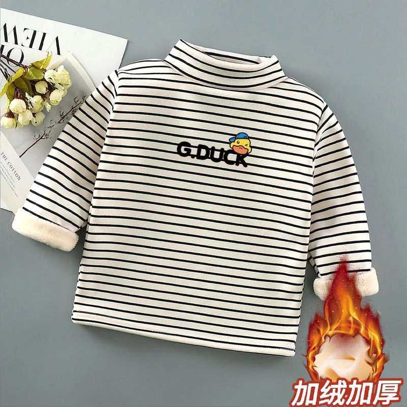 儿童加绒条纹打底衫新款秋冬加厚婴儿宝宝保暖上衣男女童长袖T恤