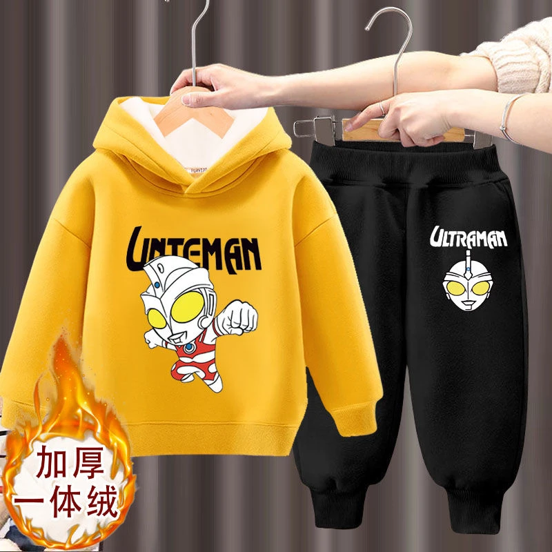 男童冬季套装时尚潮款奥特曼长袖卫衣一体绒洋气百搭卫裤加厚装冬