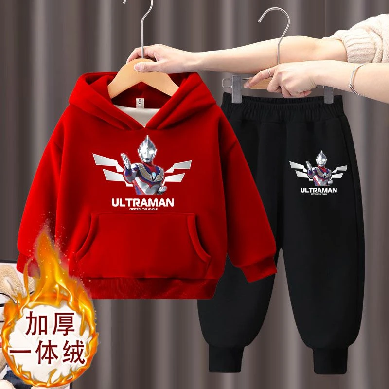 男童奥特曼衣服套装冬季加绒加厚中大童帅气卫衣一体绒卫裤加厚装