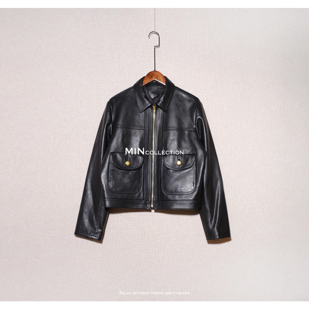 DE Mincollection金扣皮衣/复古双口袋金扣翻领夹克绵羊皮皮衣
