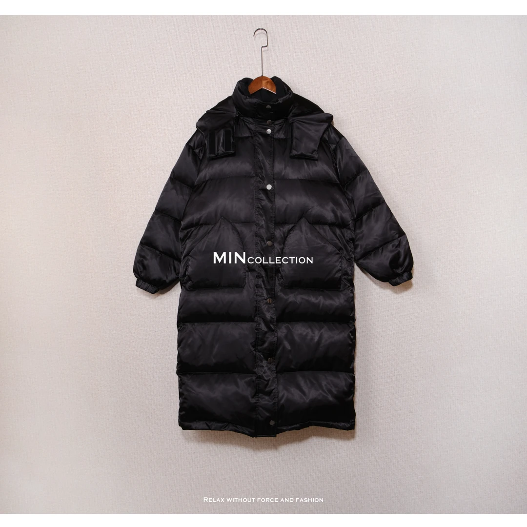 DE Mincollection亮面长羽绒/保暖连帽可拆卸亮面厚款中长羽绒服