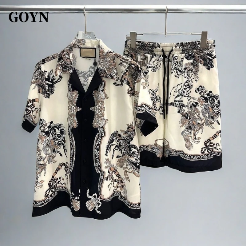 GOYN夏季新款男士短袖短裤套装休闲时尚潮流百搭印花衬衫二件套装