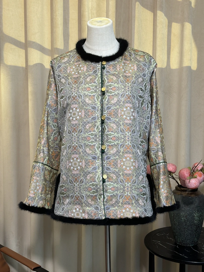 至美|宋锦 上久楷彩鳞宝相花新中式手工拼接貂毛宋锦棉服秋冬新款
