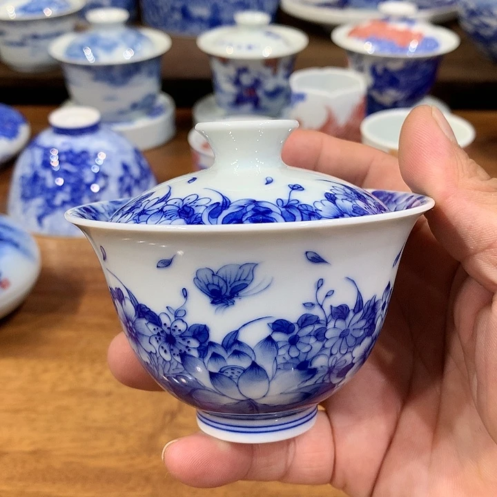 柴窑青花蝶恋花盖碗