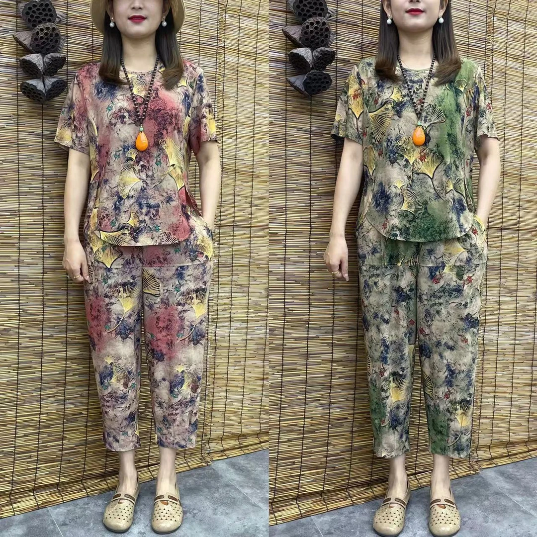 2023时尚两件套枫叶花型显瘦夏季休闲气质宽松套装洋气短袖妈妈装