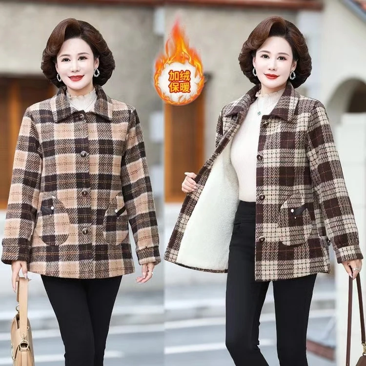 燕敏家  2024新款气质洋气加绒加厚保暖大方格棉衣外套妈妈装
