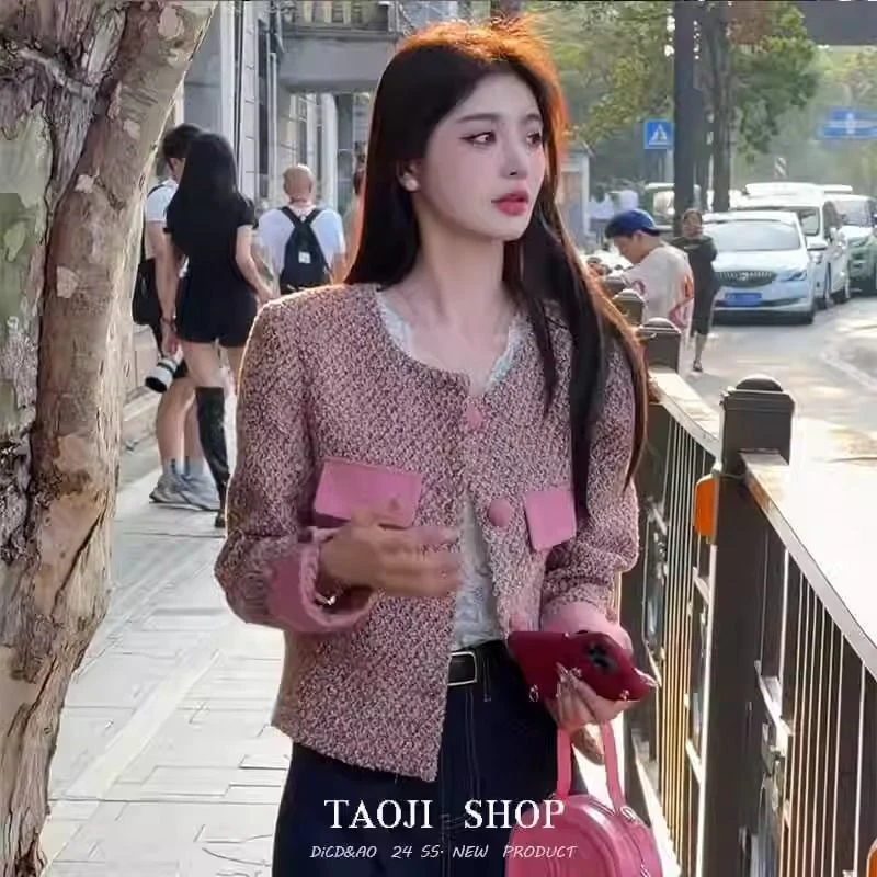 新款气质名媛千金高级感粗花呢上衣秋季小香风粉色短外套女装女款