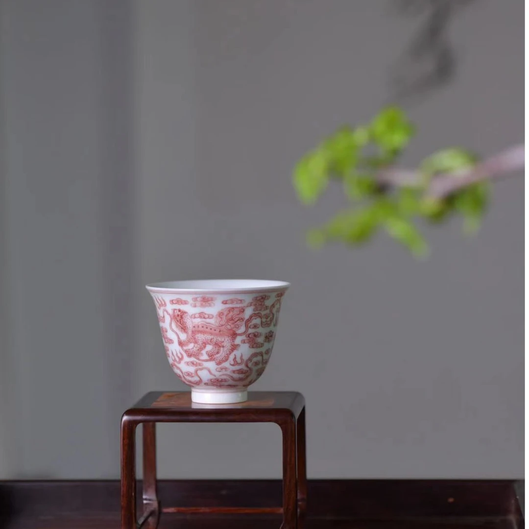 芷安老师手绘釉里红狮子滚球绣球主人杯品茗杯高端茶器