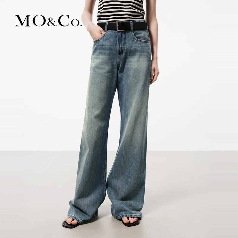 MOCO夏无侧缝及地阔腿裤复古棉质中低腰牛仔裤MBD2JEN008