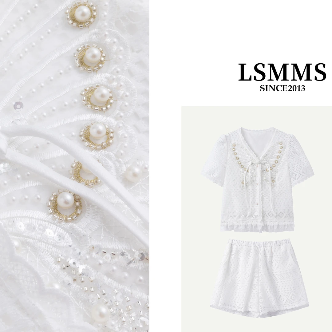 LSMMS【盼兮】日常新中式重工钉珠蝴蝶白色蕾丝镂空两件套套装女625