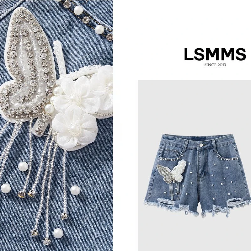 LSMMS【花飞蝶舞】时尚百搭重工钉珠不对称蝴蝶高腰显瘦牛仔短裤421