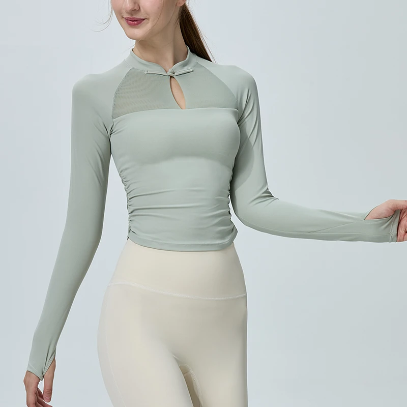 瑜伽服长袖女带杯垫网纱复古修身显瘦运动上衣跑步训练健身速干T