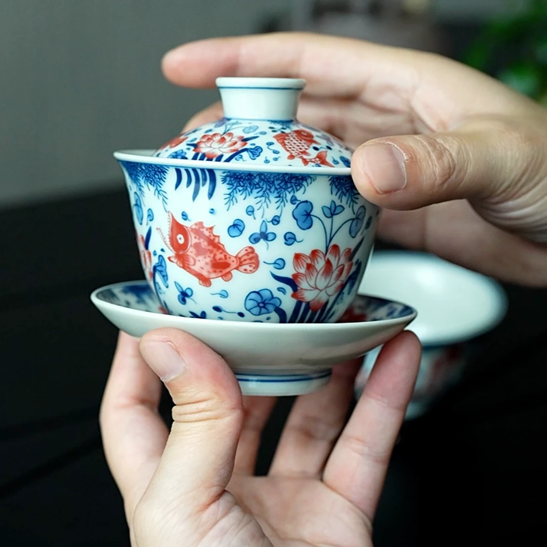 【野望茶器】复古青花鱼戏荷塘家用三才盖碗