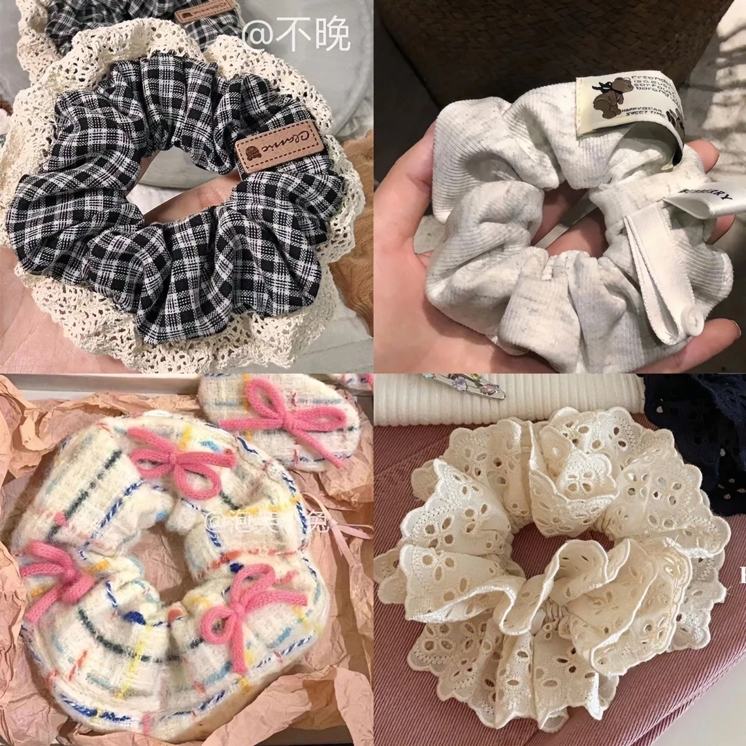 ins风高颜值英伦学院风蓝色格纹发圈洋气法式复古少女蕾丝大肠圈