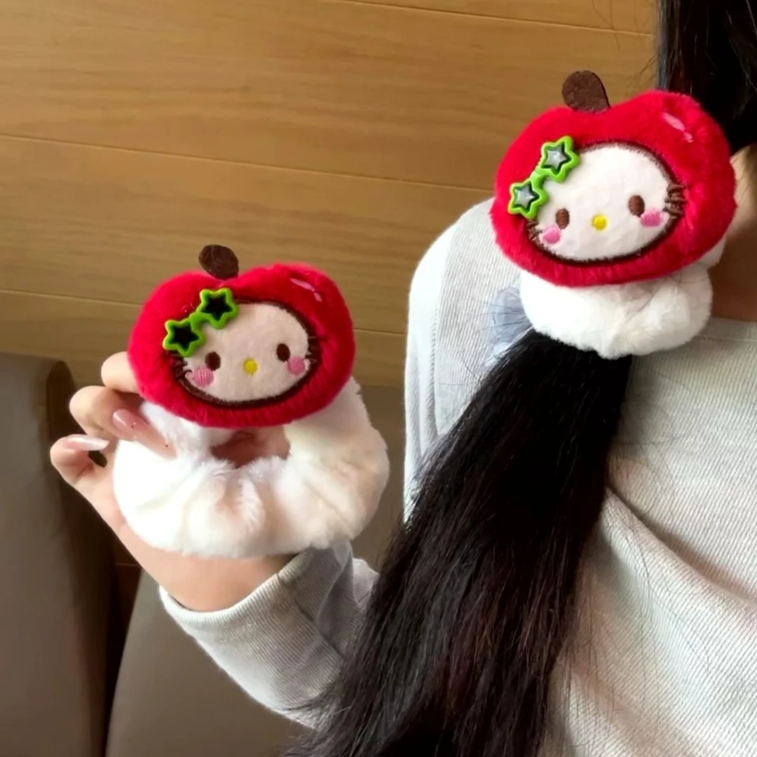 可爱毛绒苹果Kitty大肠发圈头绳甜美蝴蝶结少女刘海卡通发饰百搭