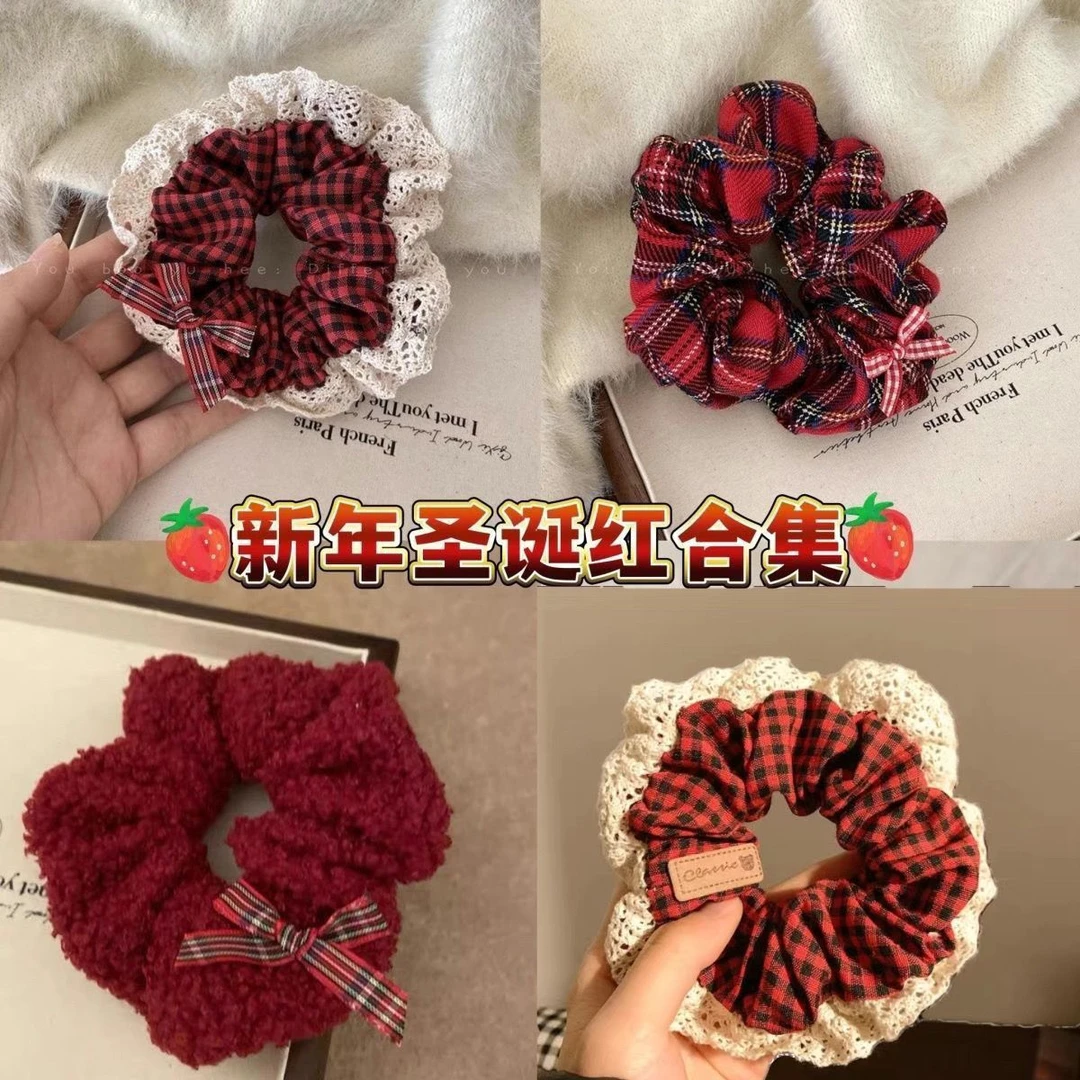 新年红色格子大肠发圈女生秋冬韩系复古高级感头饰网红高弹力发绳