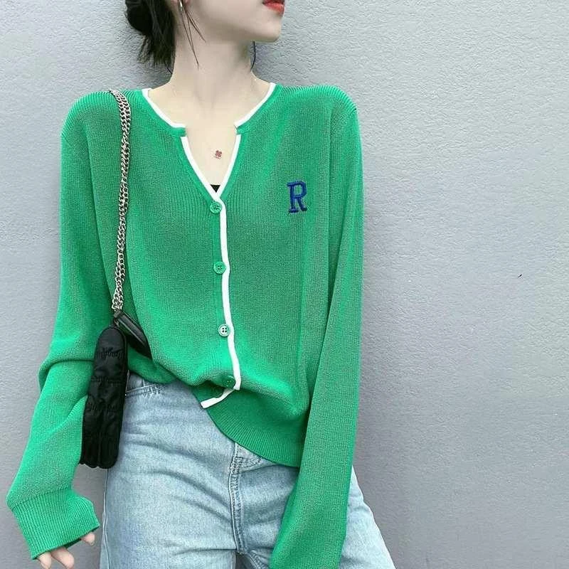 欧洲站2025春秋款针织开衫女v领R刺绣百搭休闲外套上衣防晒衫潮