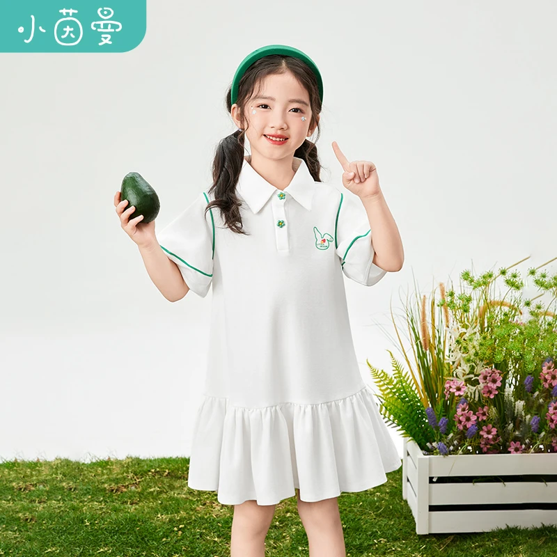 茵曼女童白色洋气连衣裙夏季时尚大童翻领舒适儿童裙子3842062