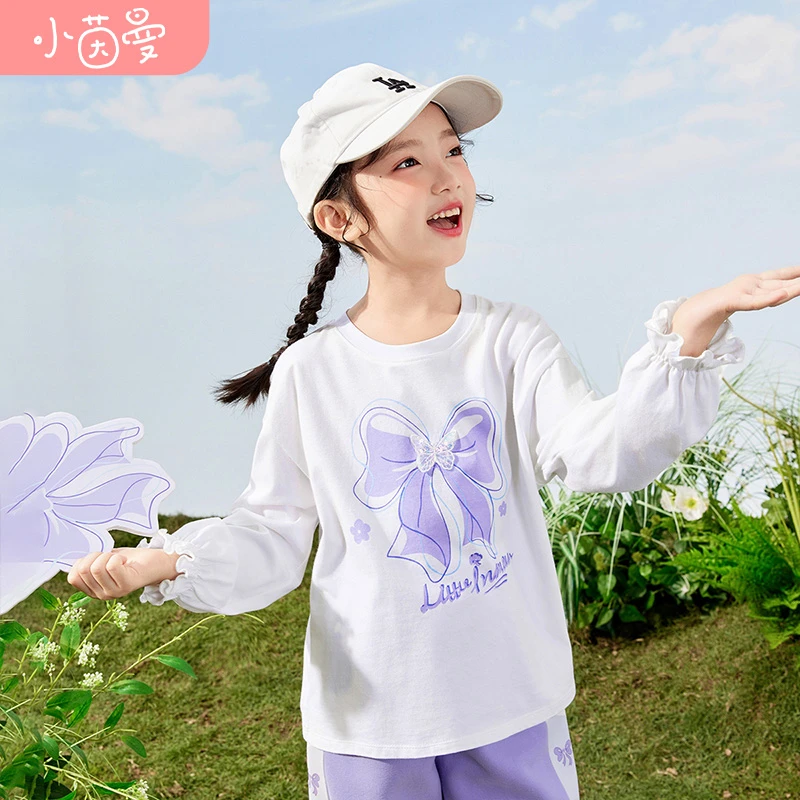 小茵曼童装纯棉长袖T恤印花春女童圆领宽松洋气上衣中大童3841045