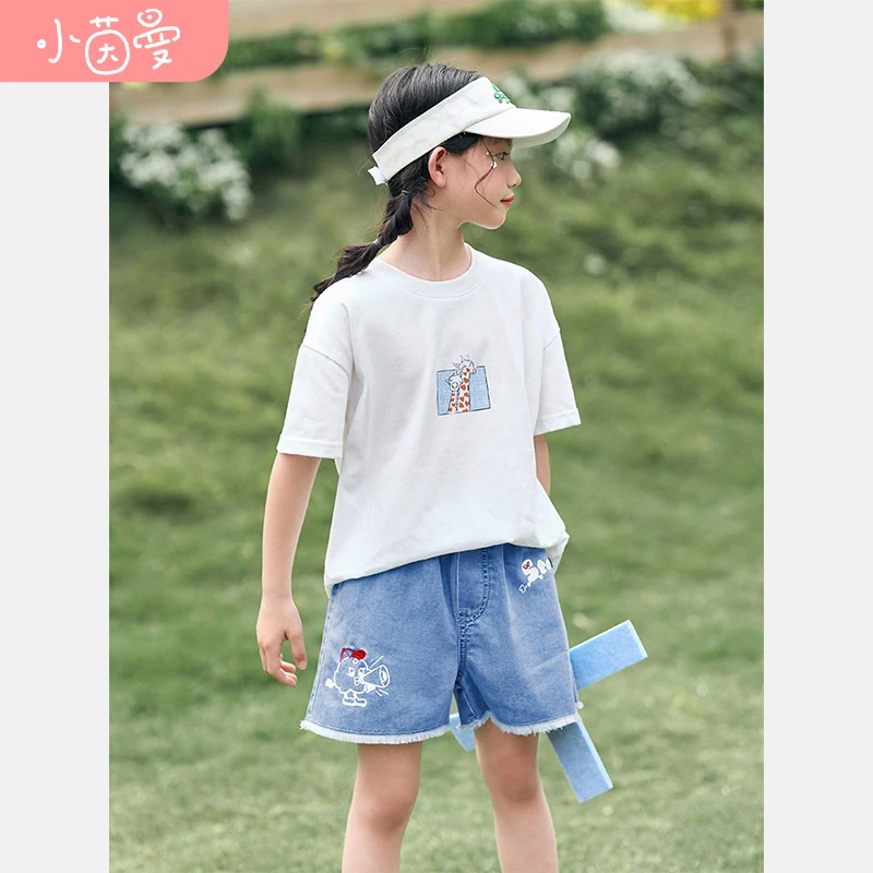 小茵曼女童短袖T恤洋气可爱卡通小鹿印花休闲上衣F3832135