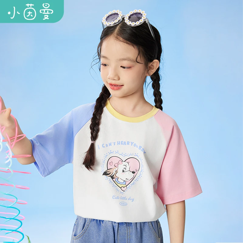 小茵曼女童纯棉T恤休闲秋季可爱中大童圆领洋气时尚短袖O3842145