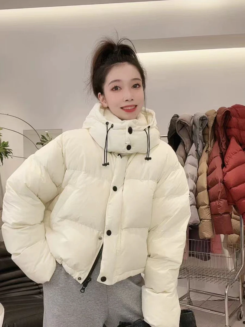 2024秋冬新款韩版加厚连帽面包款鸭绒羽绒服女短款简约百搭外套
