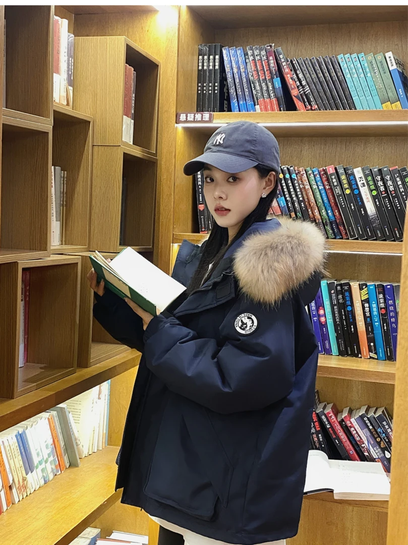 8藏蓝色工装羽绒服派克服女短款小个子冬季毛领加厚外套韩系