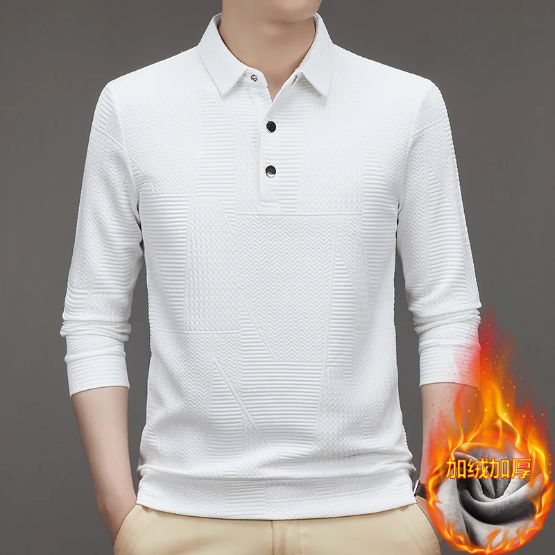 2024年男士加绒蜂巢格纯色T恤长袖中老年休闲中年宽松加厚238061