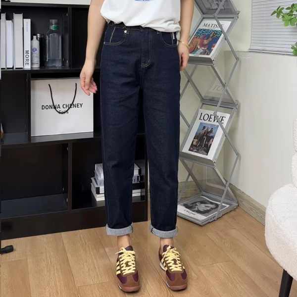 哈伦牛仔裤女2024年春秋萝卜裤显瘦宽松直筒深蓝色九分裤老爹裤子