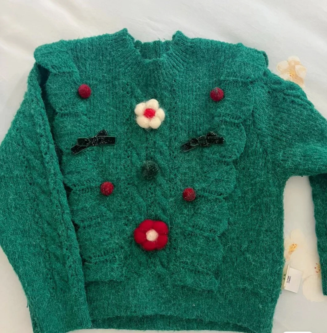 优029圣诞款立体花朵儿童毛衣