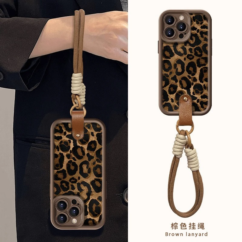 豹纹皮扣挂绳高级适用苹果15华为/vivo防摔oppo小米14手机壳软