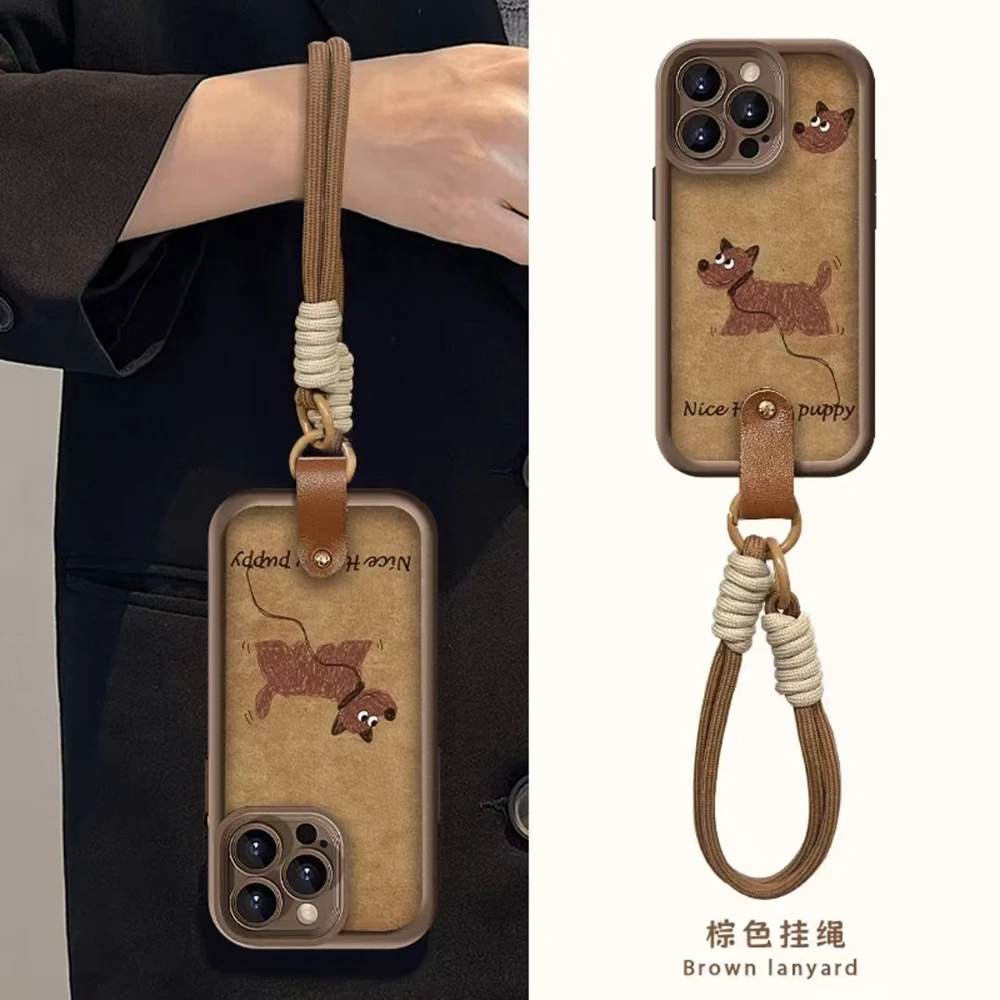 可爱小狗皮扣挂绳适用于苹果16promax阶梯壳手机壳华为/oppo/vivo