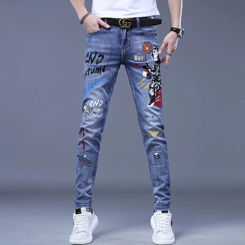 2024年秋冬季新款时尚百搭休闲男士印花弹力修身小脚牛仔裤