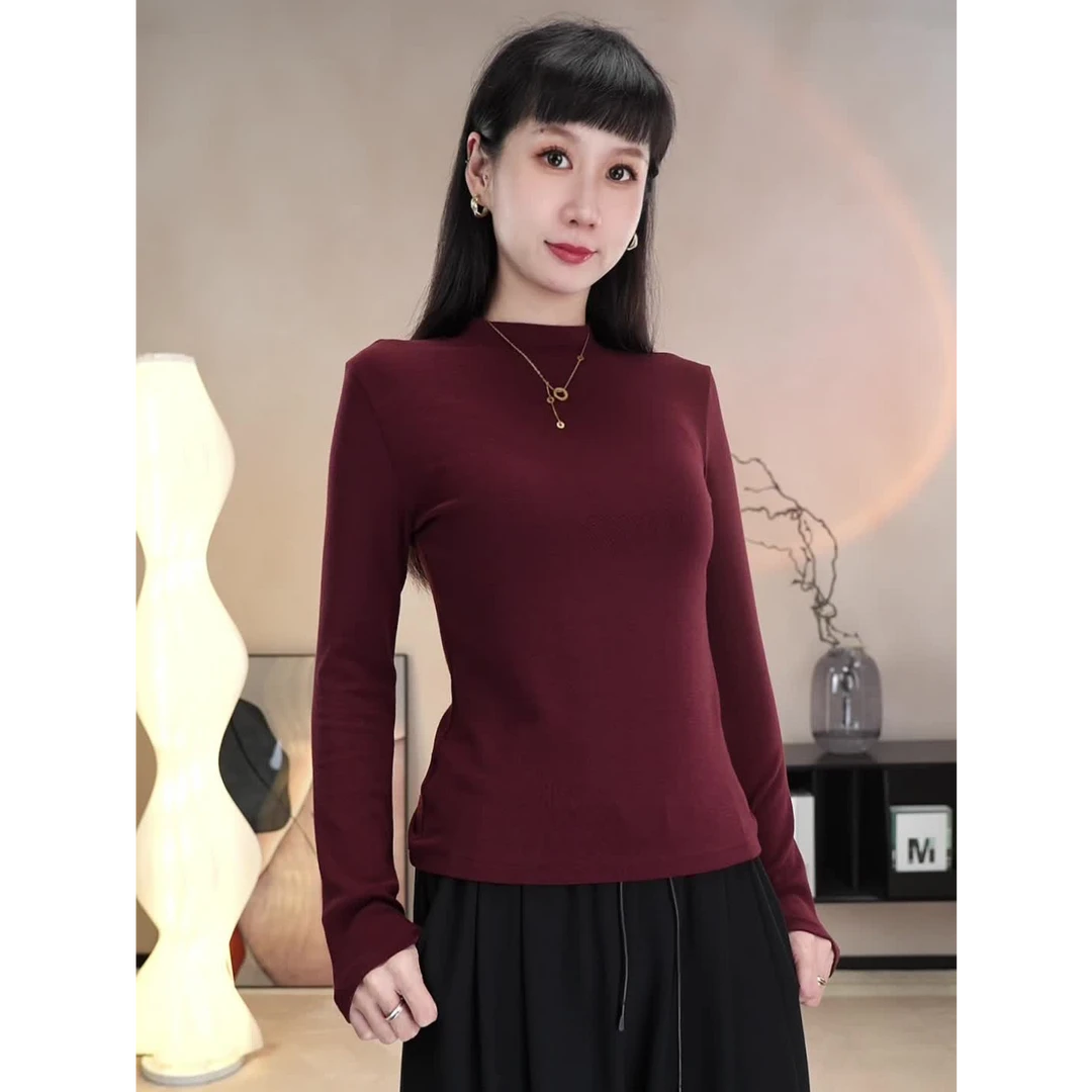 【静奢风】春季新款小立领打底衫简约内搭曲面螺纹棉木天丝长袖t恤1