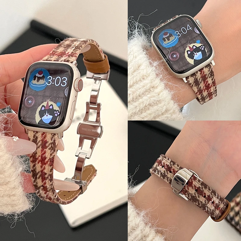 秋冬复古千鸟格蝴蝶扣皮质小蛮腰表带适用苹果applewatchS9小香风