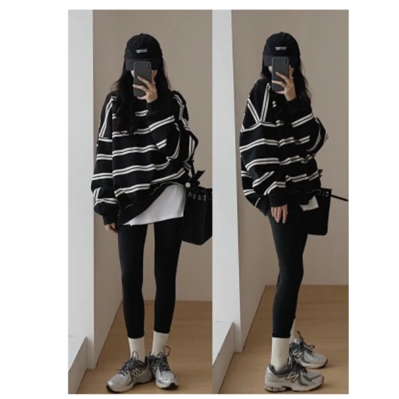 2024年早秋薄款条纹卫衣女春秋季韩版宽松设计感小众学院风上衣服