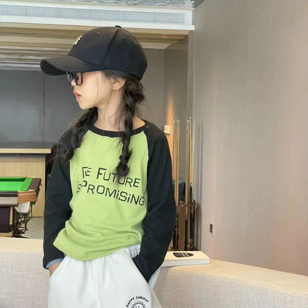 AINI儿童德绒长袖T恤秋季插肩打底衫柔软男童女童宽松T恤甜美潮流