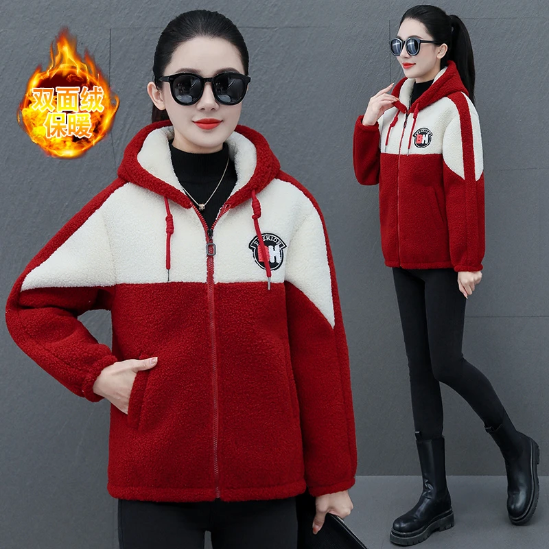 红色休闲外套 秋冬加绒加厚颗粒绒连帽休闲韩版拼接保暖外套