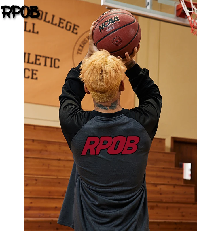 春秋薄款网眼速干篮球训练印花插肩长袖t恤美式投篮服运动上衣