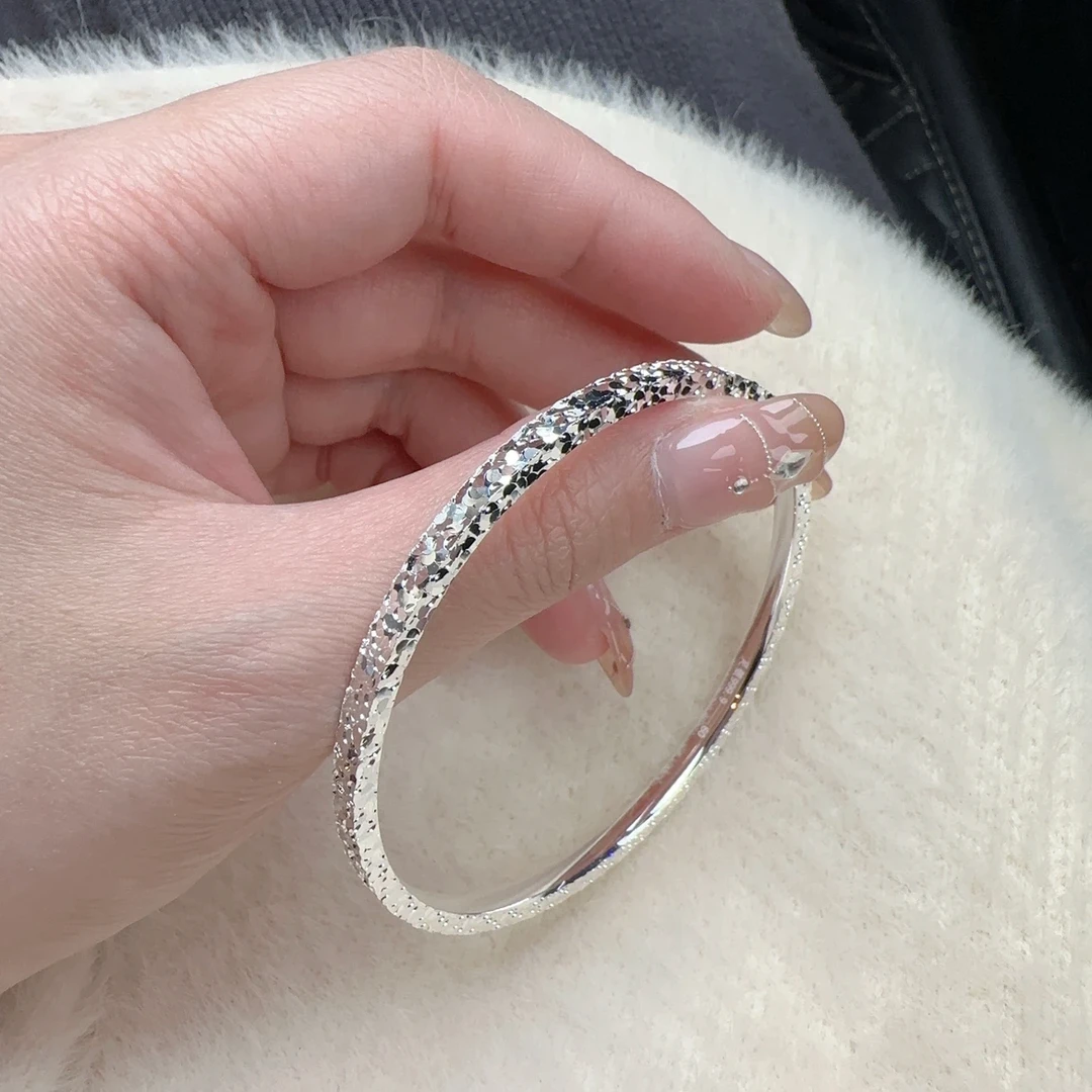 鹿怡 足银手镯 999.9碎冰冰银手镯时尚气质轻奢精致韩版精美百搭